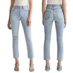 Agolde Riley High Rise Crop Jeans Light Blue Distressed Denim Size 25